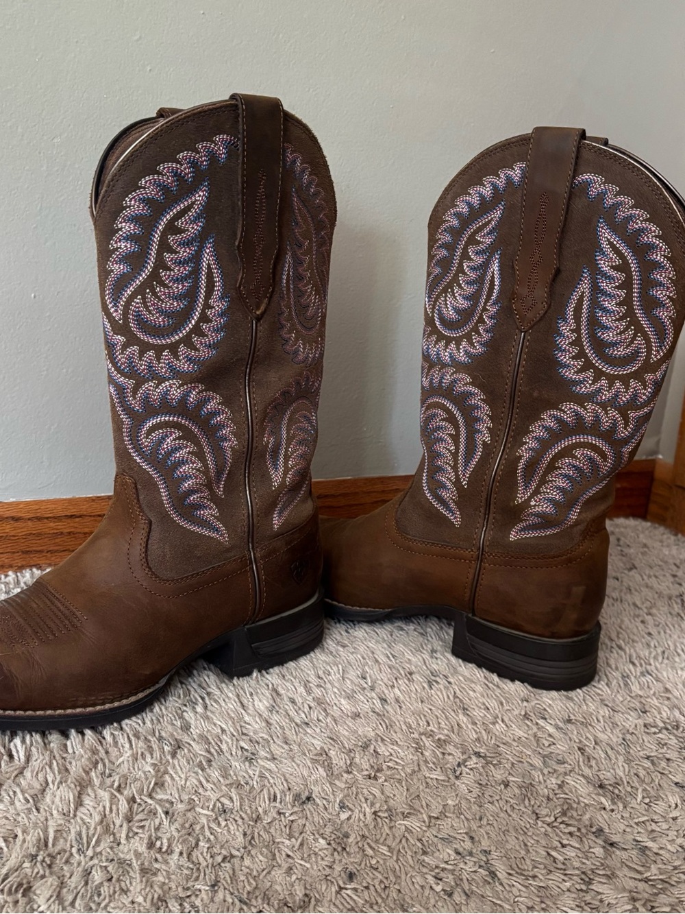 Ariat Brown Leather Western Boots with Pink & Light Blue Embroidery
